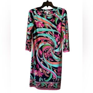 London Times Psychedelic 70's Artsy Floral Shift Dress 3/4 Sleeves Womens Size 8
